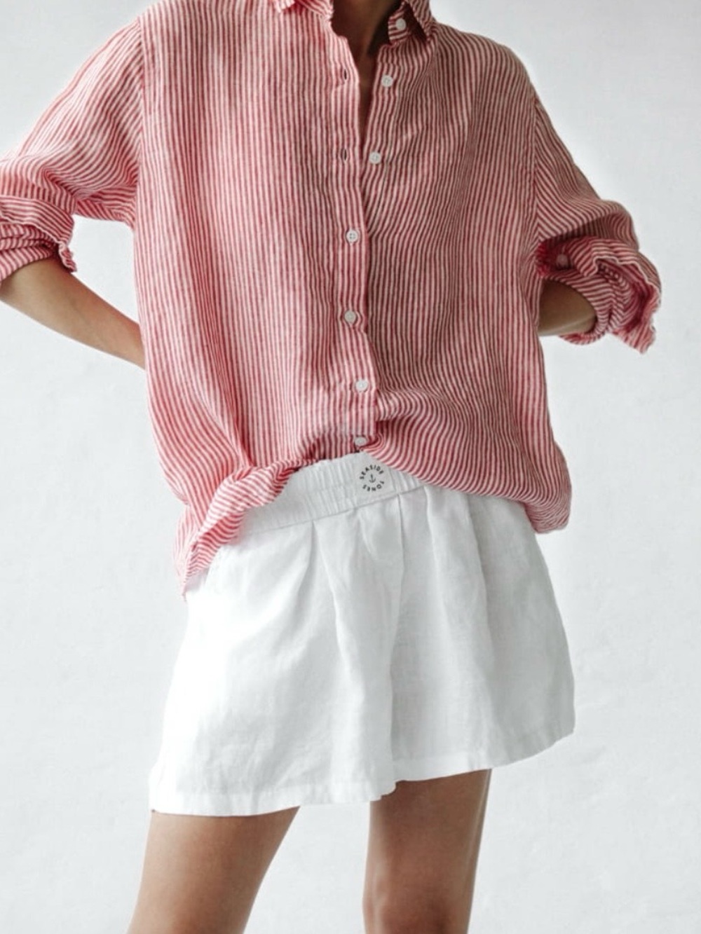 Seaside Tones Women’s Red Stripe 100% Linen Button-Down Shirt Size S/M